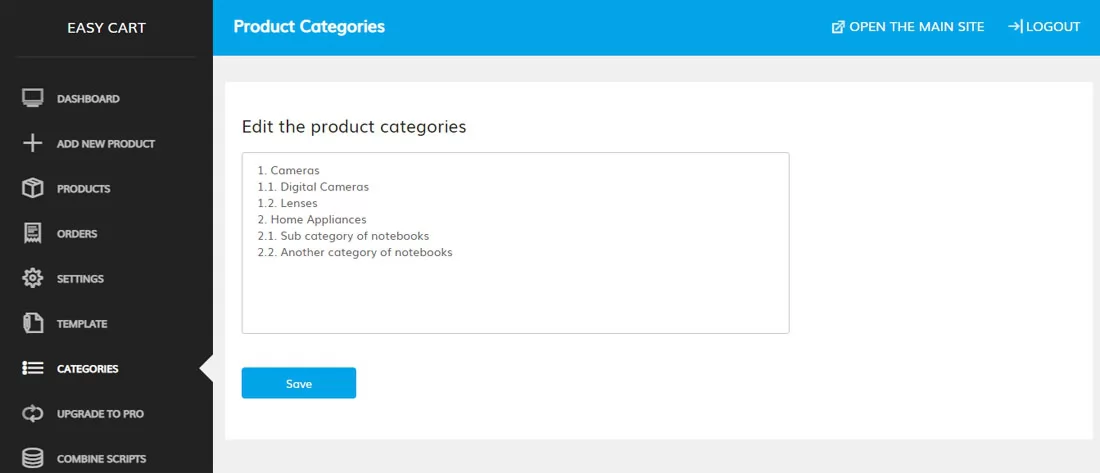 php cart script Editing the product categories