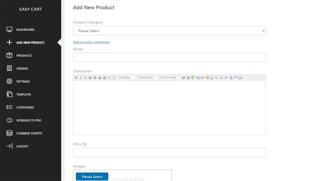 php cart script Form for adding new products