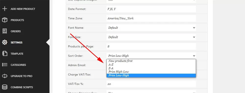 php cart script Changing the product sorting order