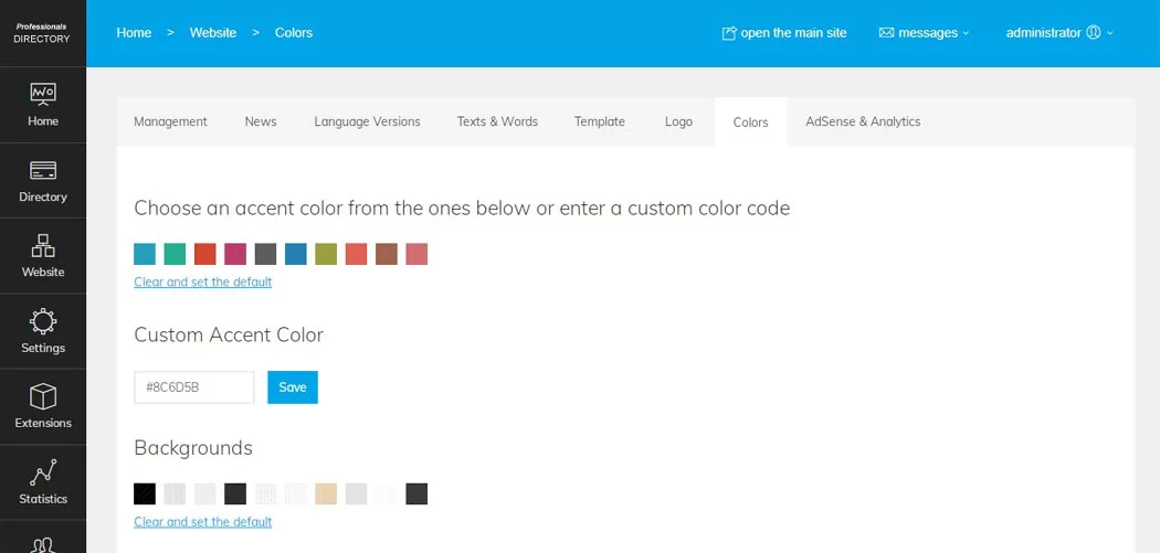 functionality to customize the website colors professionals directory php script